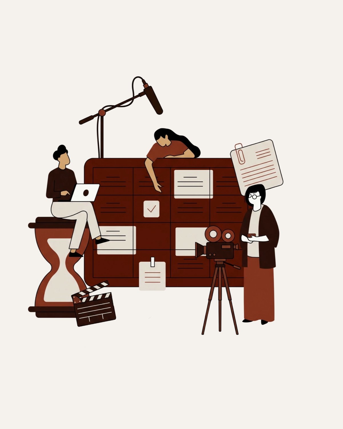 Illustration: Ein Team plant einen Dreh, mit Kamera, Mikrofon und Filmklappe