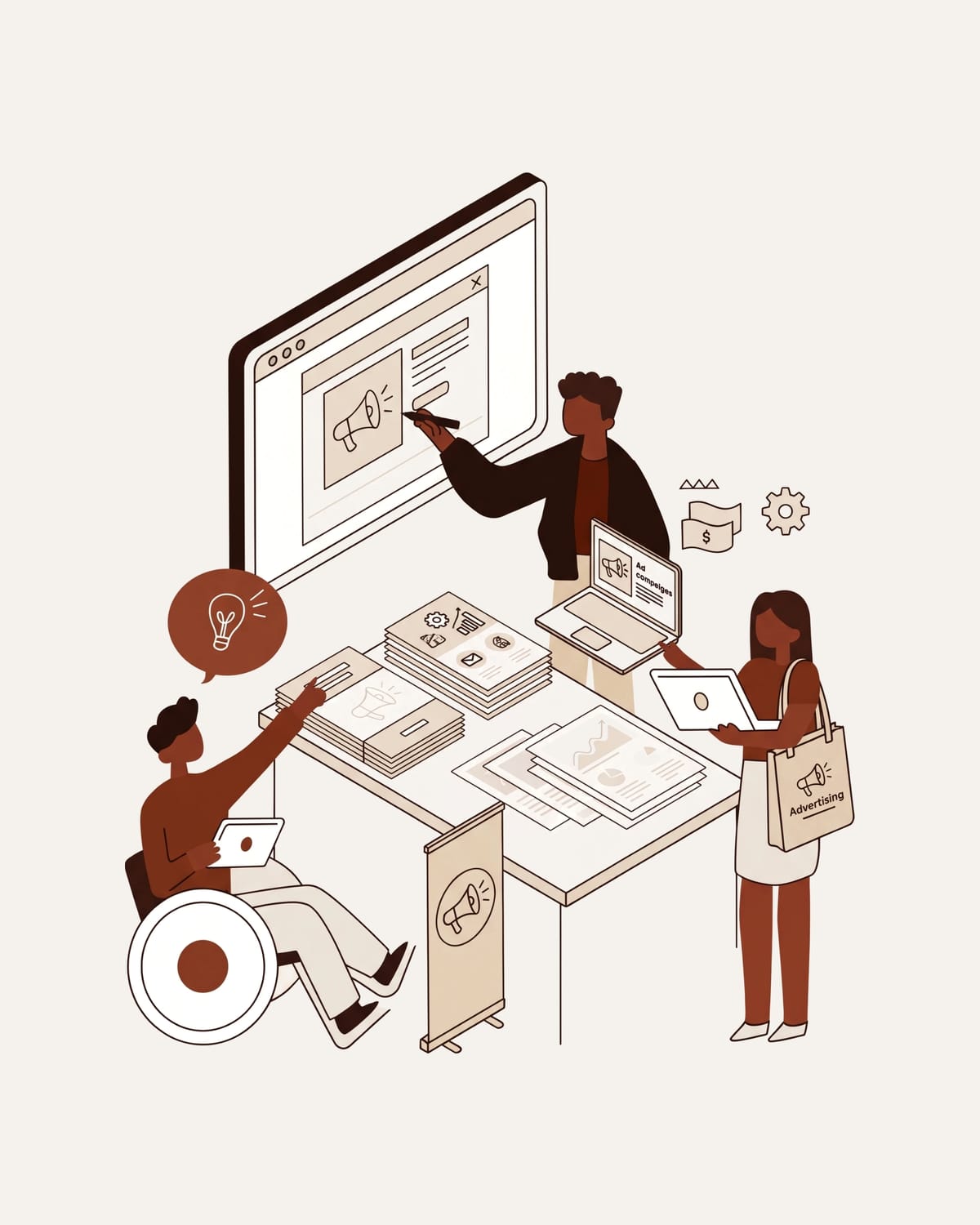 Illustration: Ein Team plant Werbemittel, mit großem Bildschirm, Flyern, Roll-up und bedruckter Tasche